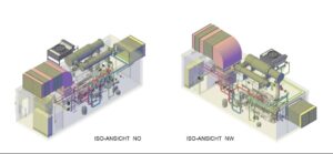 Planzeichnung mit zwei isometrischen Ansichten der BHKW-Anlage von Nordost und Nordwest