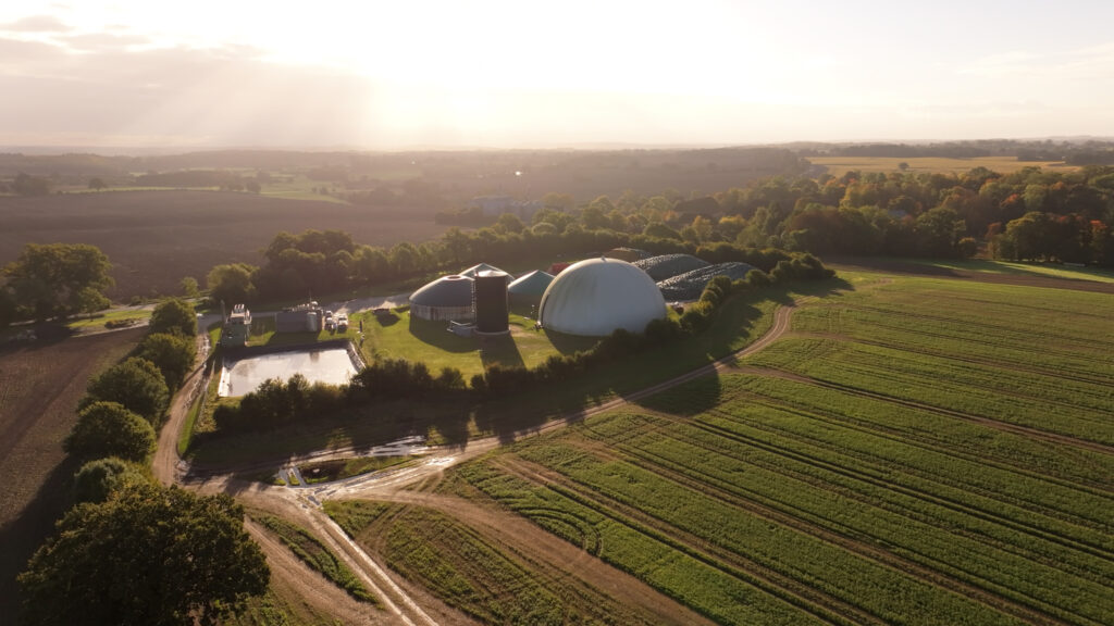 Luftaufnahme der Biogasanlage Gut Rixdorf mit Gasspeicher zwischen Feldern im Gegenlicht