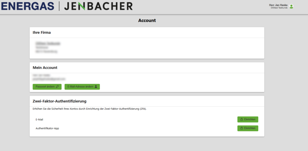 Kundenportal: Account-Seite mit Firmendaten und Zwei-Faktor-Authentifizierung