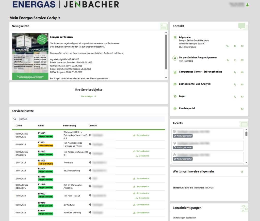 Kundenportal: Startseite „Mein Energas Service Cockpit“ mit Neuigkeiten, Kontakten und Serviceeinsätzen