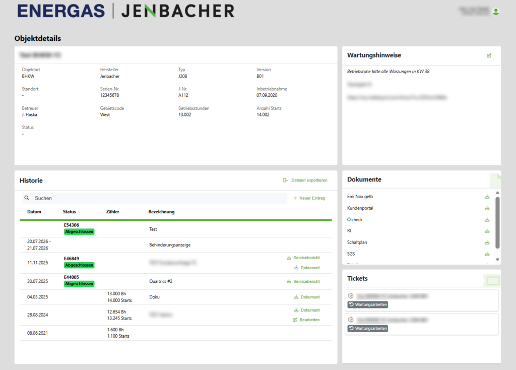 Kundenportal: Objektdetails einer Anlage mit Historie, Dokumenten und Tickets