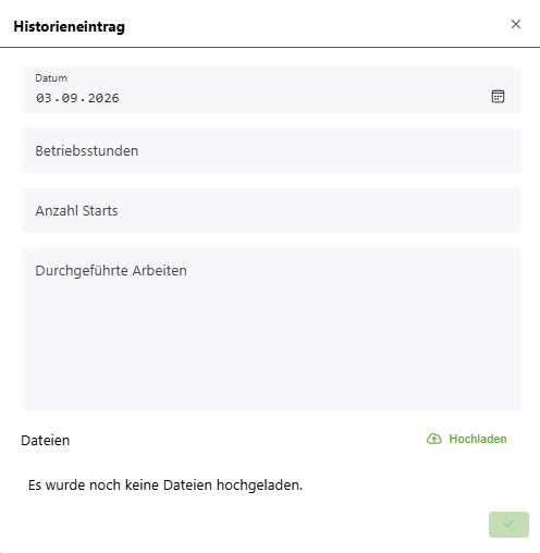 Kundenportal: Formular für einen neuen Historieneintrag mit Betriebsstunden und Starts