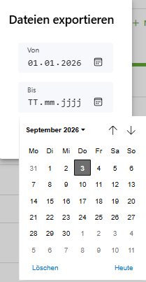 Kundenportal: Dialog „Dateien exportieren“ mit Kalender zur Datumsauswahl